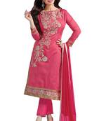Pink embroidered cotton poly unstitched salwar with dupatta