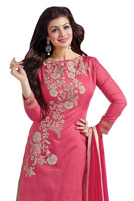 Pink embroidered cotton poly unstitched salwar with dupatta 2