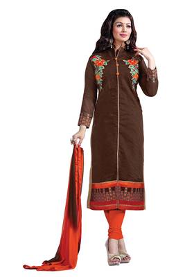 Brown embroidered cotton poly unstitched salwar with dupatta 1