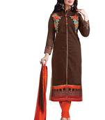 Brown embroidered cotton poly unstitched salwar with dupatta