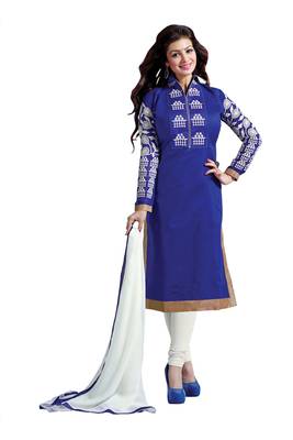 Blue embroidered cotton poly unstitched salwar with dupatta 1