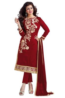 Maroon embroidered cotton poly unstitched salwar with dupatta 1