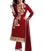 Maroon embroidered cotton poly unstitched salwar with dupatta