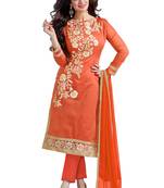 Orange embroidered cotton poly unstitched salwar with dupatta