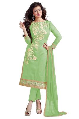 Green embroidered cotton poly unstitched salwar with dupatta 1