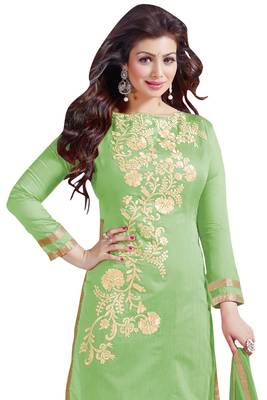 Green embroidered cotton poly unstitched salwar with dupatta 2