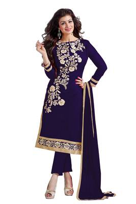 Blue embroidered cotton poly unstitched salwar with dupatta 1