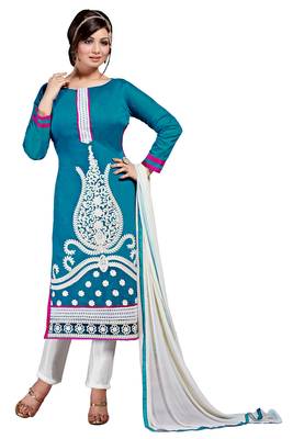 Blue embroidered cotton poly unstitched salwar with dupatta 1