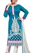 Blue embroidered cotton poly unstitched salwar with dupatta