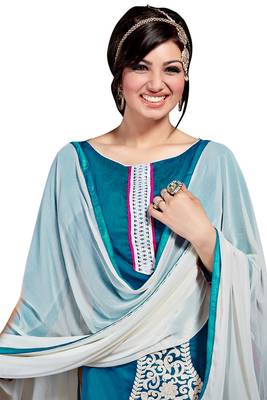 Blue embroidered cotton poly unstitched salwar with dupatta 2