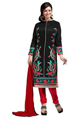 Black embroidered cotton poly unstitched salwar with dupatta 1