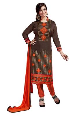 Brown embroidered cotton poly unstitched salwar with dupatta 1