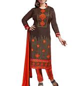Brown embroidered cotton poly unstitched salwar with dupatta