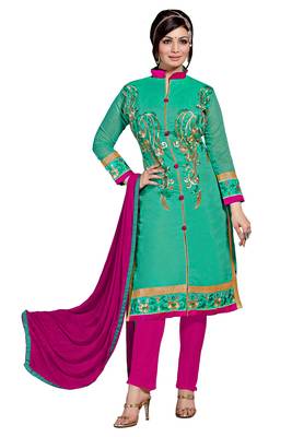 Green embroidered cotton poly unstitched salwar with dupatta 1