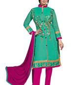 Green embroidered cotton poly unstitched salwar with dupatta
