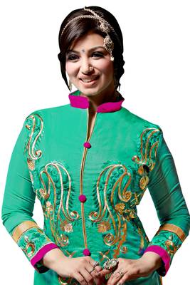 Green embroidered cotton poly unstitched salwar with dupatta 2