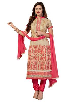 Beige embroidered cotton poly unstitched salwar with dupatta 1