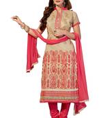Beige embroidered cotton poly unstitched salwar with dupatta