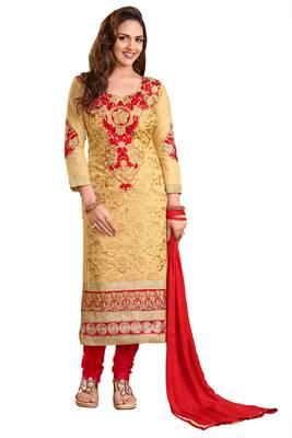 Beige embroidered cotton poly unstitched salwar with dupatta 1