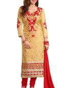 Beige embroidered cotton poly unstitched salwar with dupatta