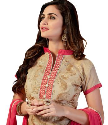 Beige embroidered cotton poly unstitched salwar with dupatta 2