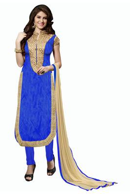 Blue embroidered faux silk blend unstitched salwar with dupatta 1