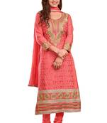 Pink embroidered cotton poly unstitched salwar with dupatta