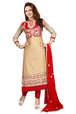 Beige embroidered cotton poly unstitched salwar with dupatta 1