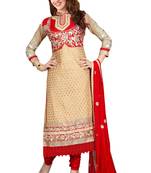 Beige embroidered cotton poly unstitched salwar with dupatta