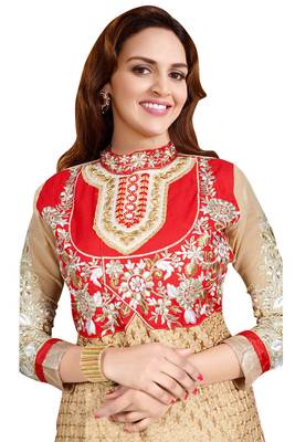 Beige embroidered cotton poly unstitched salwar with dupatta 2