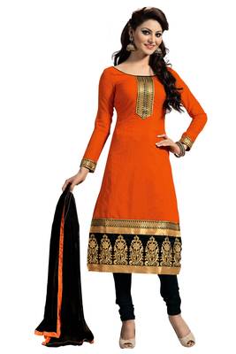 Orange embroidered faux chanderi unstitched salwar with dupatta 1