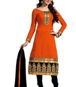 Orange embroidered faux chanderi unstitched salwar with dupatta