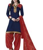 Blue embroidered faux crepe unstitched salwar with dupatta