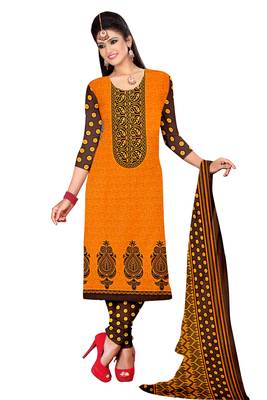 Orange embroidered cotton poly unstitched salwar with dupatta 1