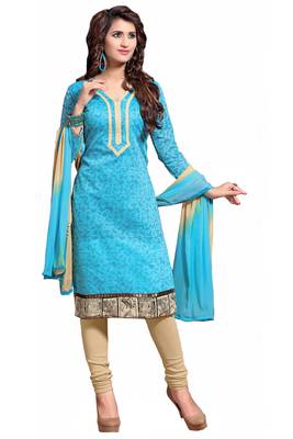 Blue embroidered cotton poly unstitched salwar with dupatta 1