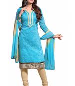 Blue embroidered cotton poly unstitched salwar with dupatta