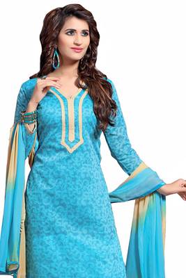 Blue embroidered cotton poly unstitched salwar with dupatta 2