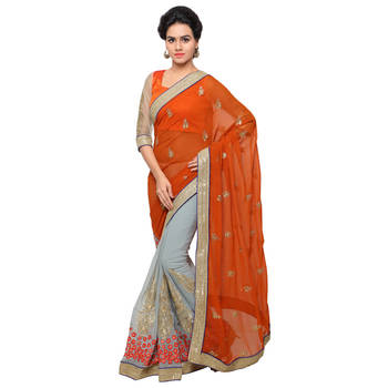 Grey embroidered georgette saree with blouse 1