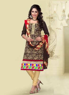 Brown embroidered cotton semi stitched salwar with dupatta 1