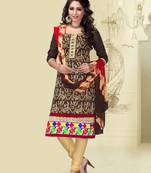 Brown embroidered cotton semi stitched salwar with dupatta