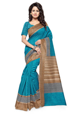 Turquoise printed bhagalpuri art silk saree with blouse 1