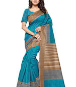 Turquoise printed bhagalpuri art silk saree with blouse