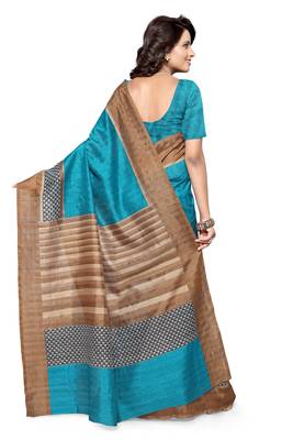 Turquoise printed bhagalpuri art silk saree with blouse 2