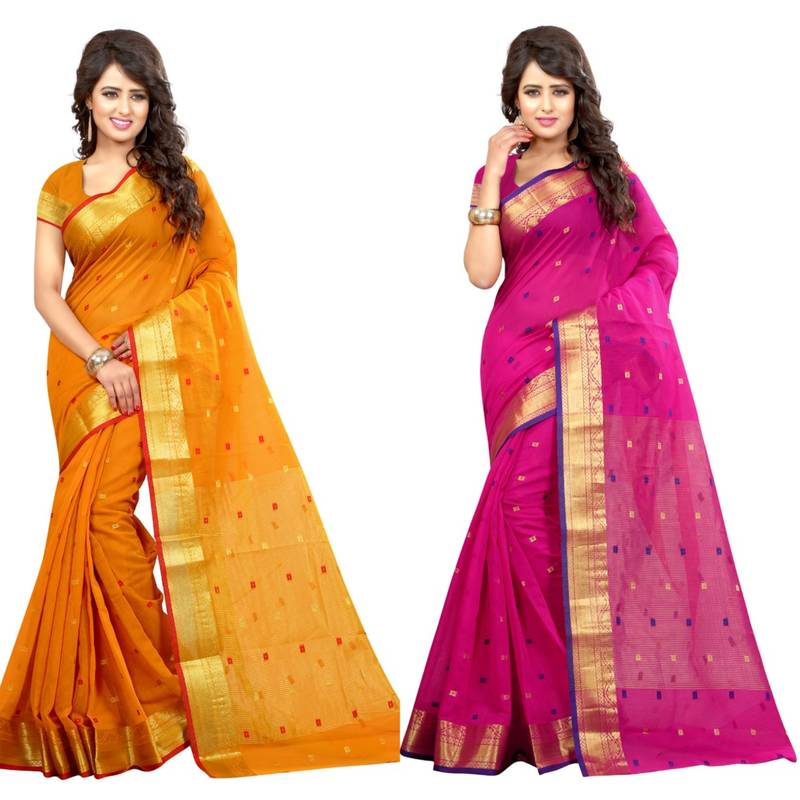 Multicolor plain cotton silk saree with blouse