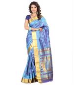 Blue printed kanchipuram silk saree with blouse