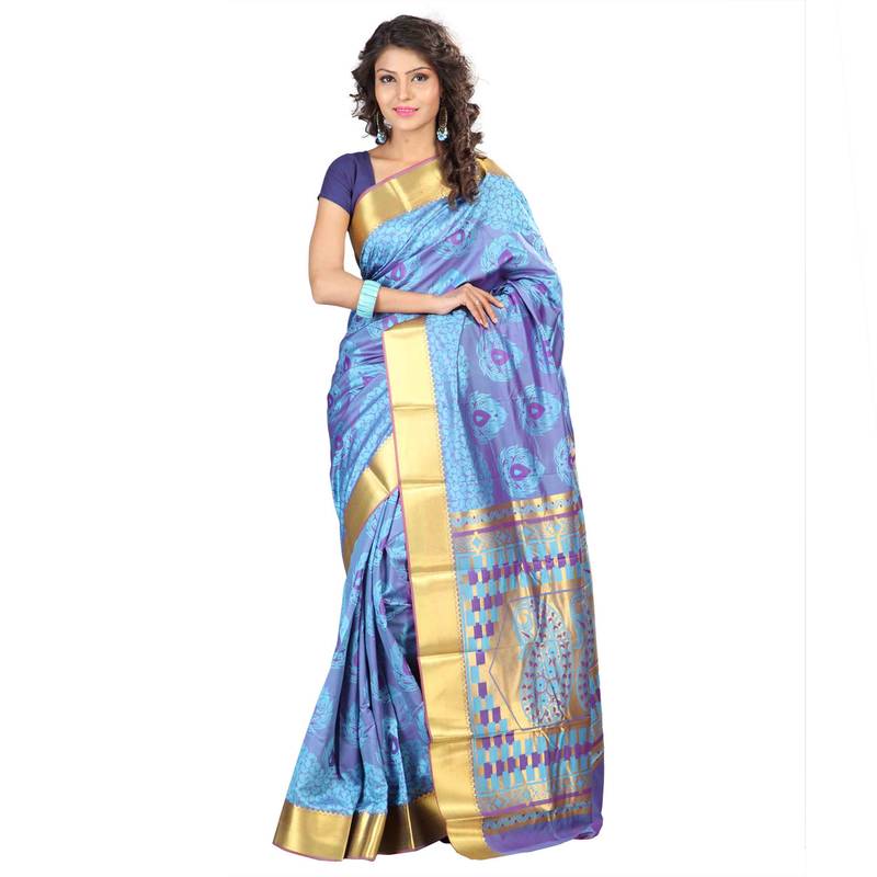 Blue printed kanchipuram silk saree with blouse