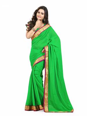 green plain chiffon saree with blouse 1