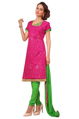 Pink embroidered faux chanderi unstitched salwar with dupatta 1