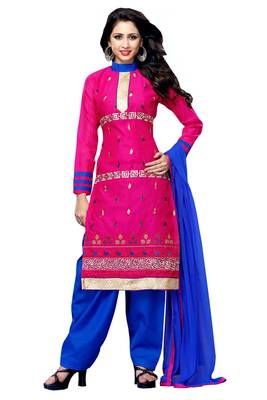 Pink embroidered cotton poly unstitched salwar with dupatta 1