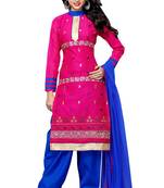 Pink embroidered cotton poly unstitched salwar with dupatta